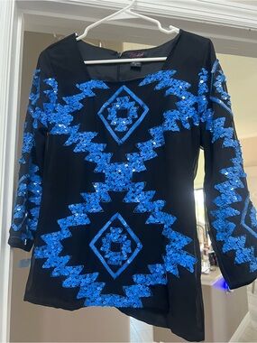 Black Blouse with Blue Sequin Geometric Design